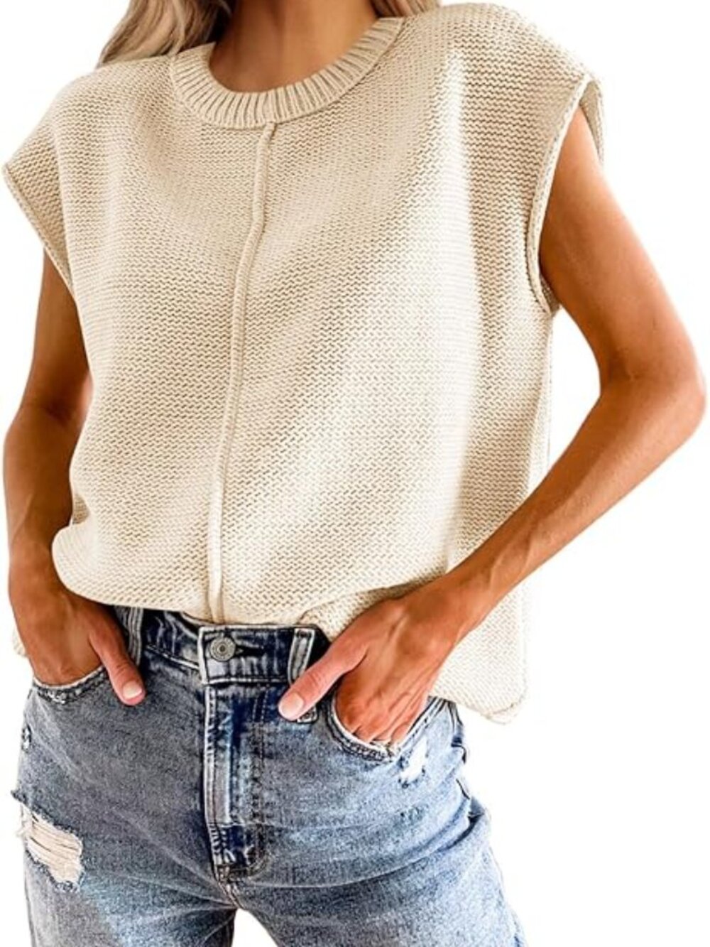 Saodimallsu Women's Cap Sleeve Crew Neck Sweater